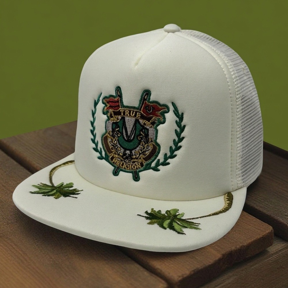 True Religion Mens TR2956 HS Crest Trucker Hat Winter White Mesh Snapback NWT